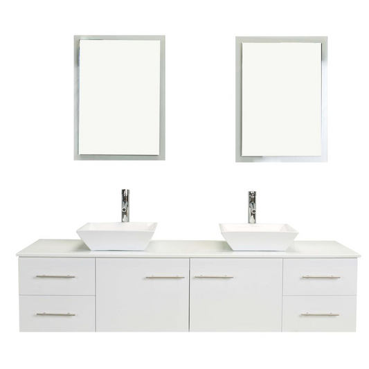 Wave 60" White Modern Double Sink Bathroom Vanity w/ Super White Man-Made Stone Top & Sinks