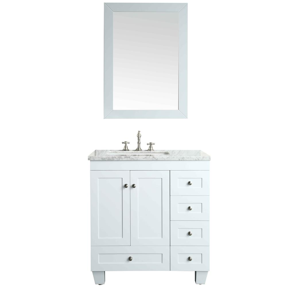 Acclaim 30" White Transitional Bathroom Vanity w/ White Carrara Top
