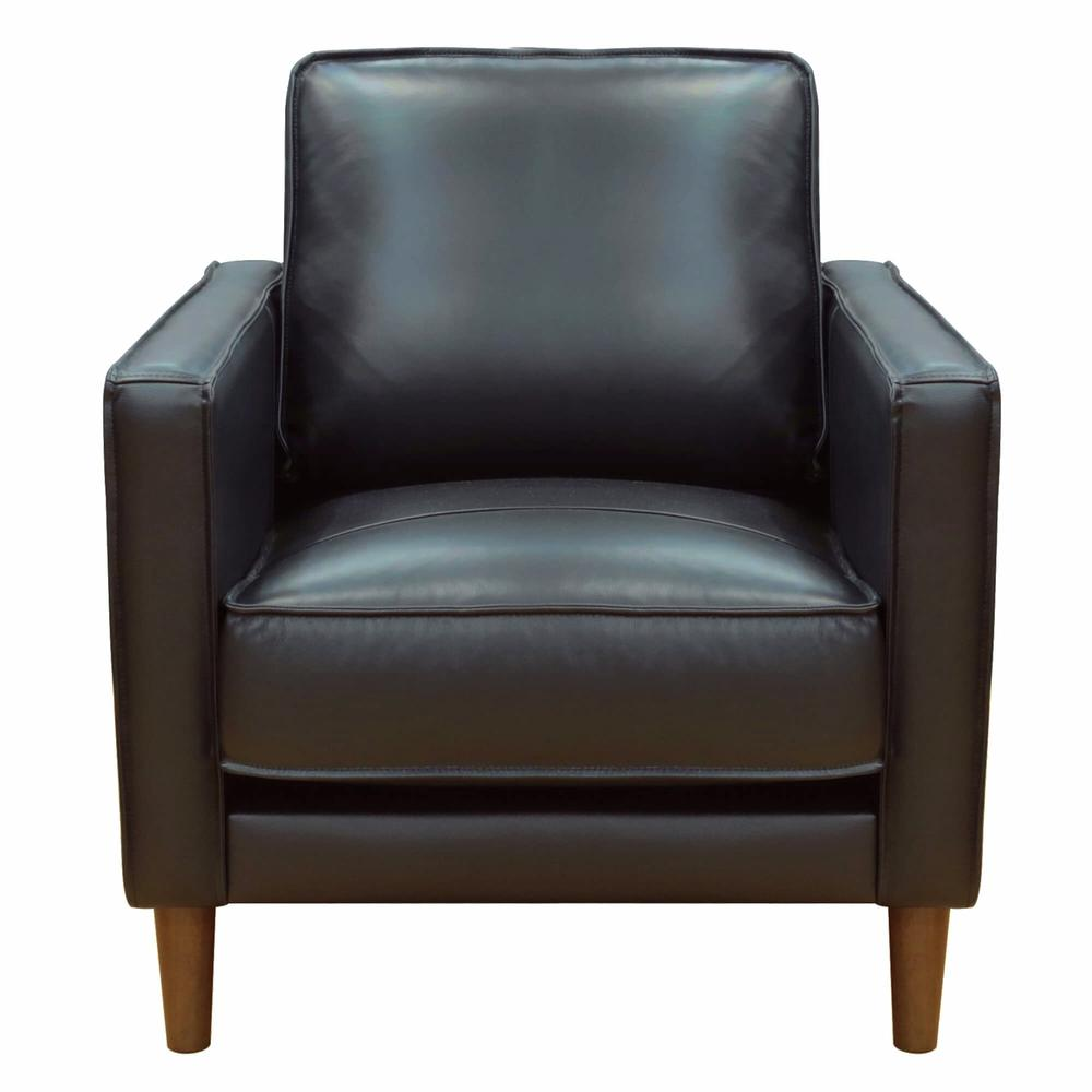 Sunset Trading Prelude 32" Wide Black Top Grain Leather Armchair | Mid Century Modern Accent Chair | Small Space Living Room Furniture