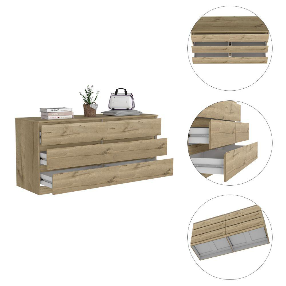 DEPOT E-SHOP Cocora 6 Drawer Double Dresser -With Six Drawer, Countertop, Base-Light Oak/White. For Bedroom