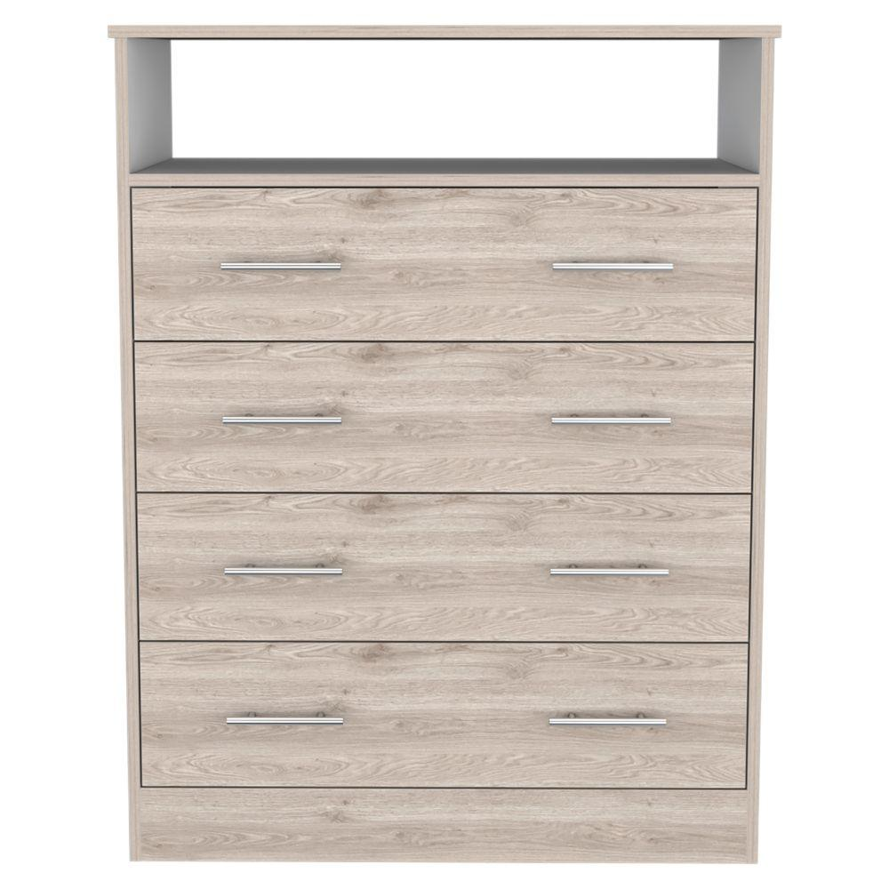 DEPOT E-SHOP Serbian Four Drawer Dresser, Countertop, One Open Shelf, Four Drawers-Light Grey-White, For Bedroom