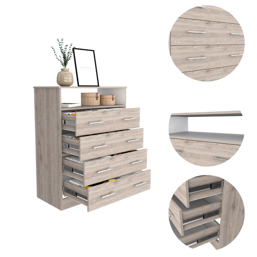 DEPOT E-SHOP Serbian Four Drawer Dresser, Countertop, One Open Shelf, Four Drawers-Light Grey-White, For Bedroom