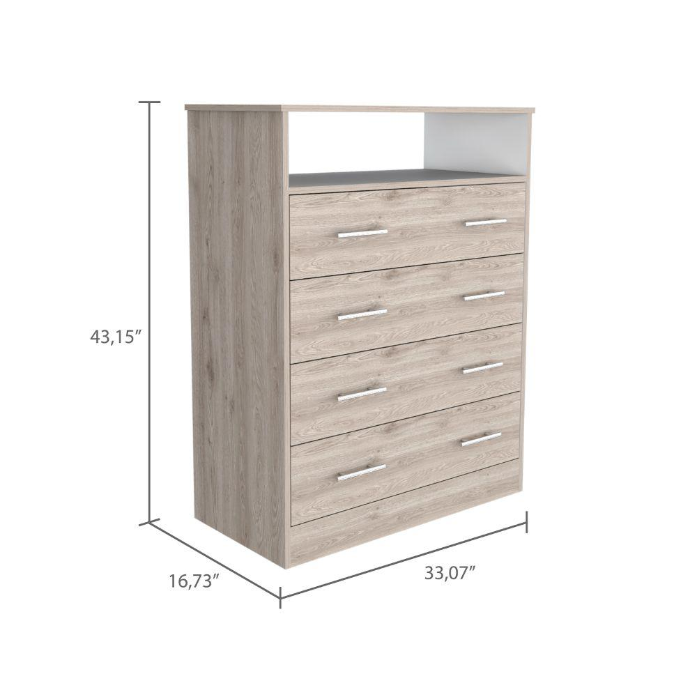 DEPOT E-SHOP Serbian Four Drawer Dresser, Countertop, One Open Shelf, Four Drawers-Light Grey-White, For Bedroom