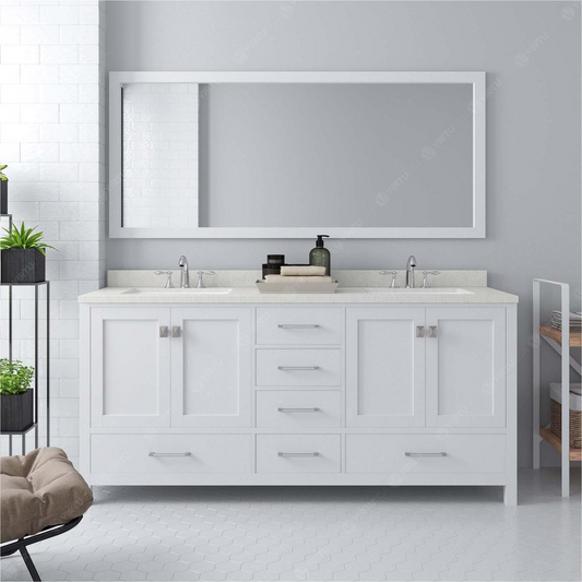 Caroline Avenue 72" Vanity in White with Top and Sinks and Mirror GD-50072-DWQSQ-WH