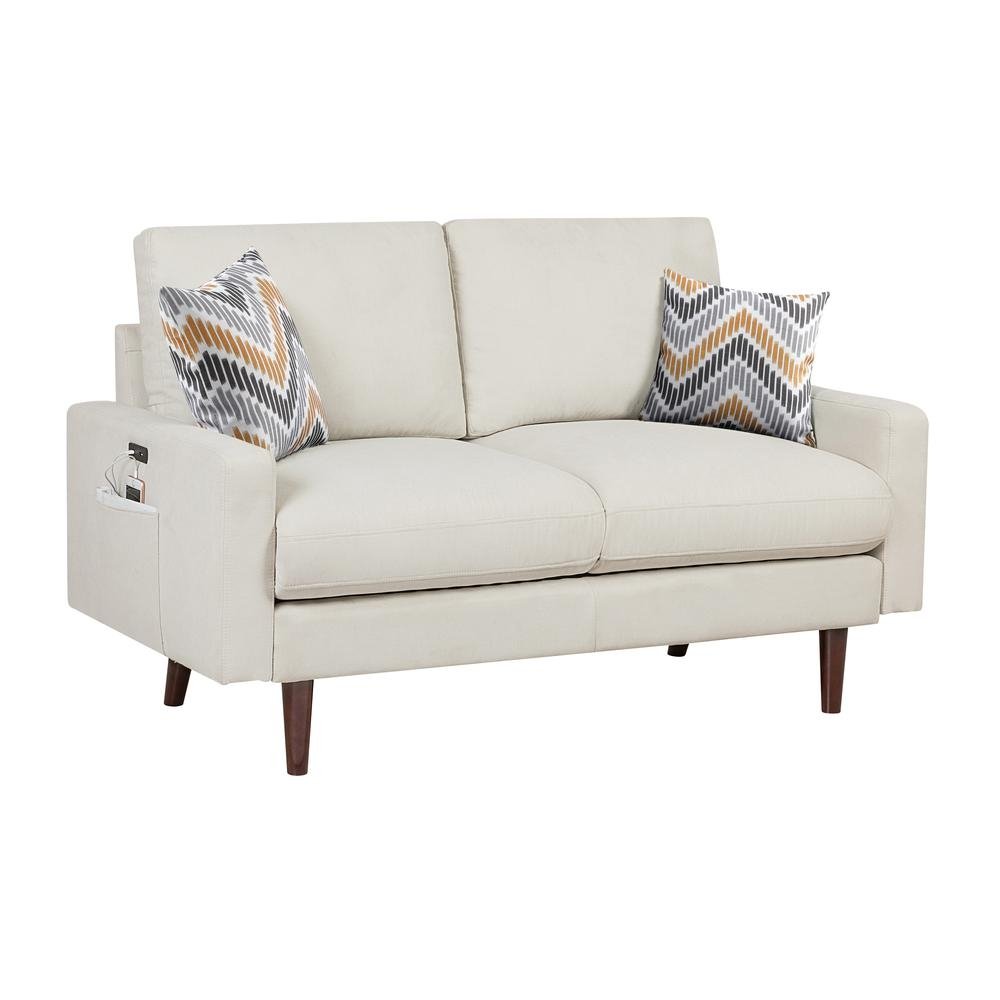 Abella Mid-Century Modern Beige Woven Fabric Loveseat Couch with USB Charging Ports & Pillows - The Room Store