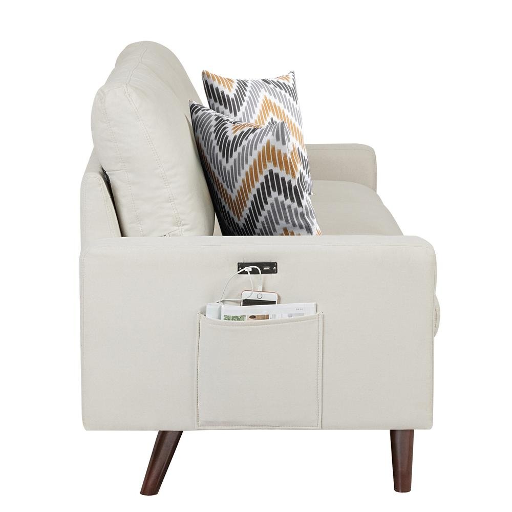 Abella Mid-Century Modern Beige Woven Fabric Loveseat Couch with USB Charging Ports & Pillows - The Room Store