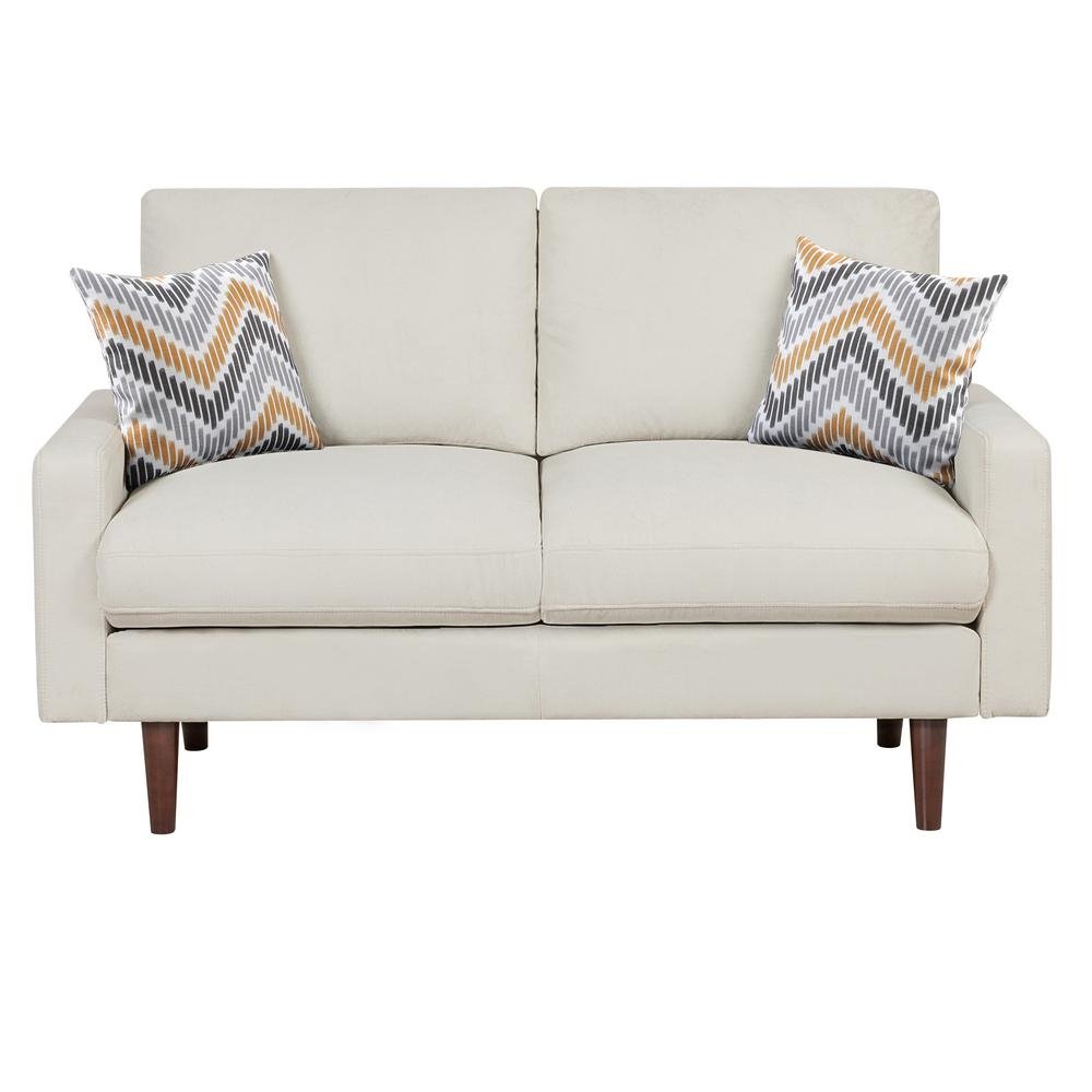 Abella Mid-Century Modern Beige Woven Fabric Loveseat Couch with USB Charging Ports & Pillows - The Room Store