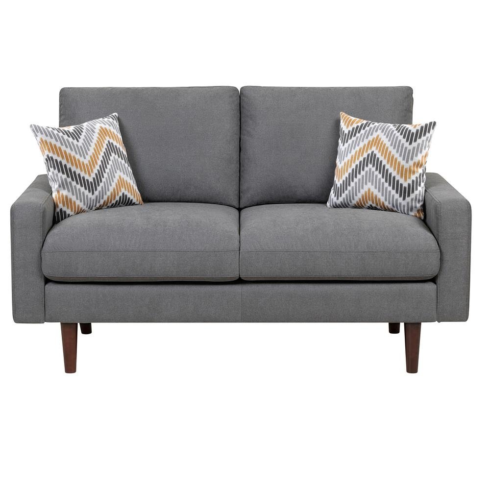 Abella Mid-Century Modern Dark Gray Woven Fabric Loveseat Couch with USB Charging Ports & Pillows - The Room Store