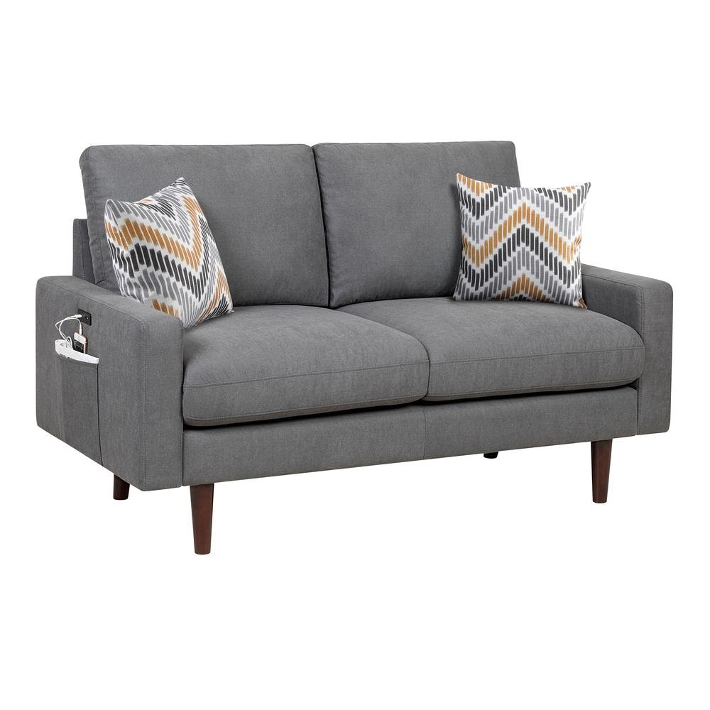 Abella Mid-Century Modern Dark Gray Woven Fabric Loveseat Couch with USB Charging Ports & Pillows - The Room Store