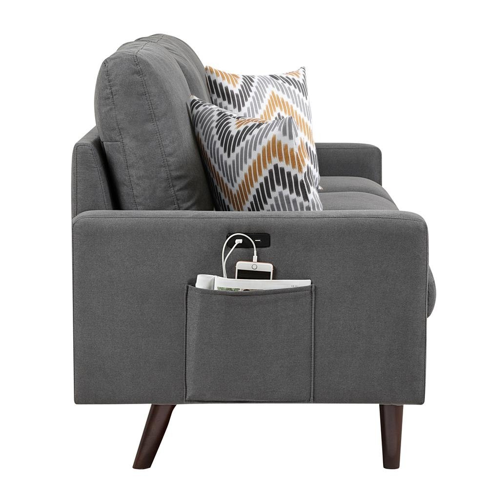 Abella Mid-Century Modern Dark Gray Woven Fabric Loveseat Couch with USB Charging Ports & Pillows - The Room Store