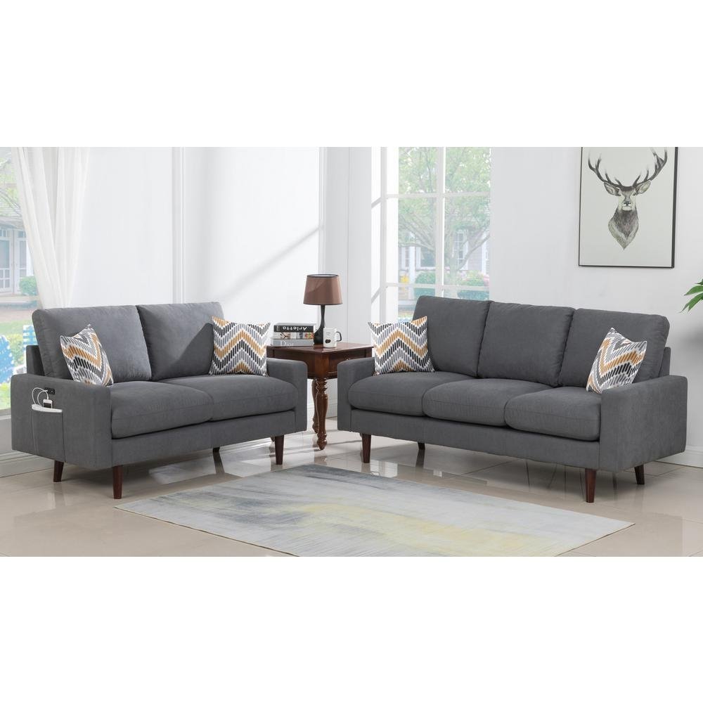 Abella Mid-Century Modern Dark Gray Woven Fabric Sofa and Loveseat Living Room Set with USB Charging Ports & Pillows - The Room Store