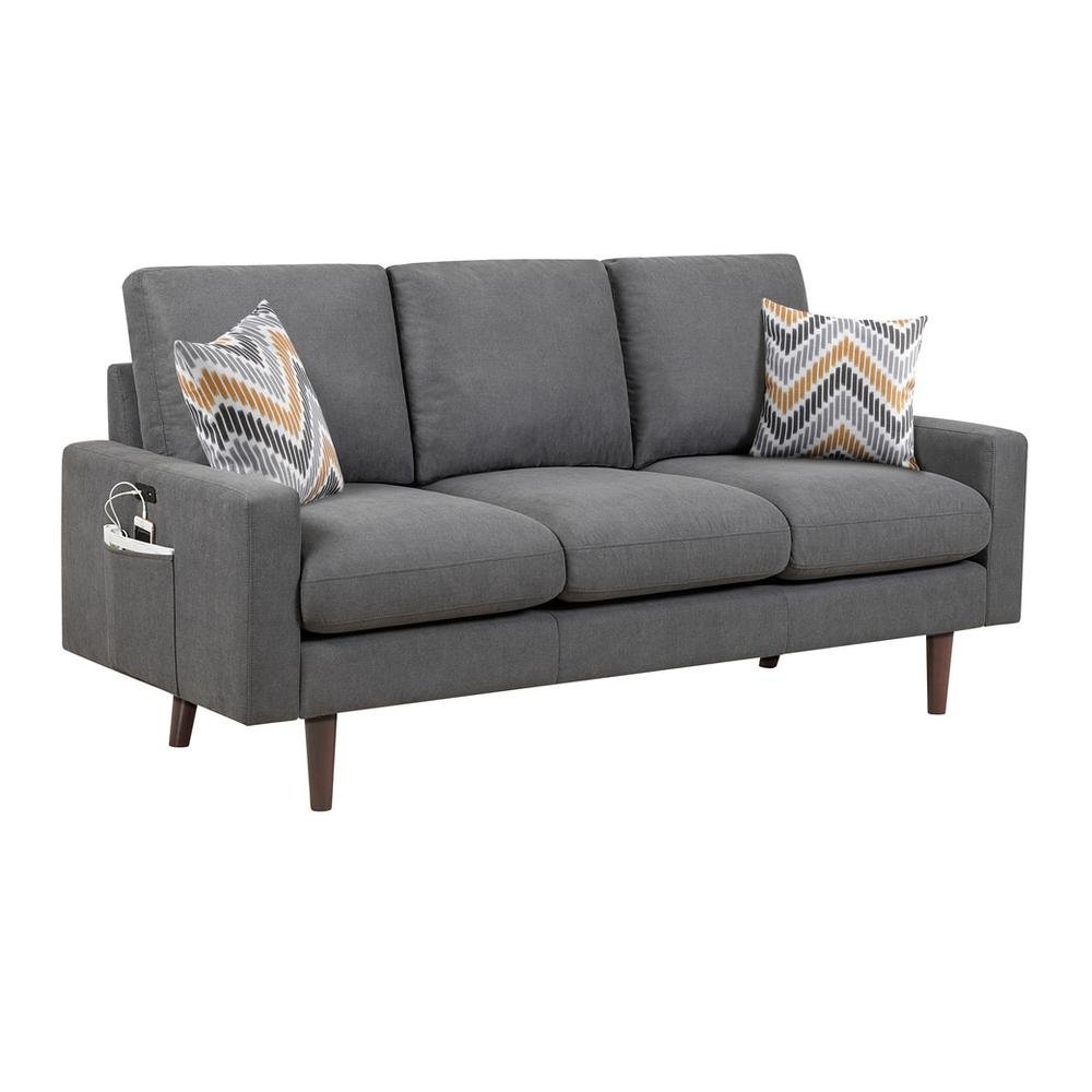 Abella Mid-Century Modern Dark Gray Woven Fabric Sofa and Loveseat Living Room Set with USB Charging Ports & Pillows - The Room Store