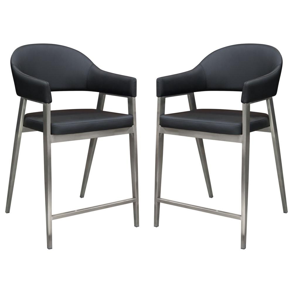 Adele Set of Two Counter Height Chairs in Black Leatherette w/ Brushed Stainless Steel Leg by Diamond Sofa - The Room Store