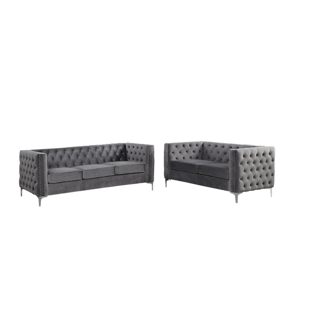 Aineias Tufted Velvet 2-piece Sofa and Loveseat Set,Grey - The Room Store