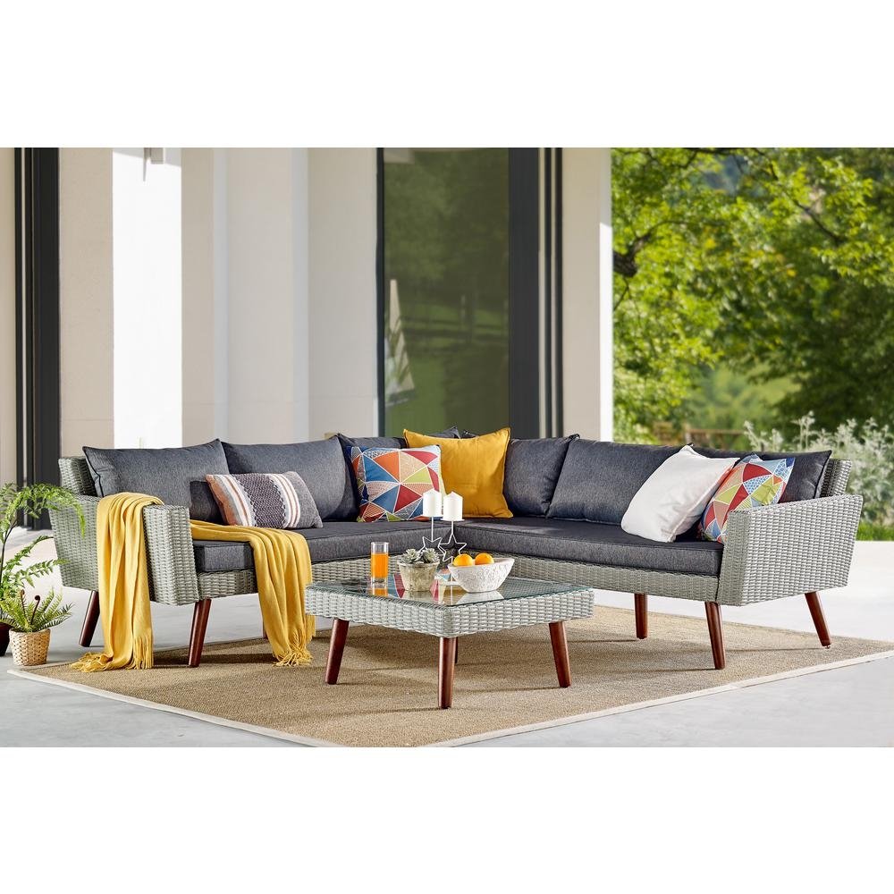 Albany All-Weather Wicker Outdoor Gray Corner Sectional Sofa with 29" Square Coffee Table Set - The Room Store