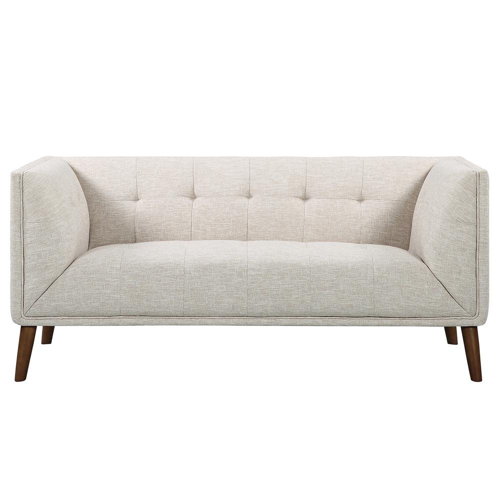 Armen Living Hudson Mid-Century Button-Tufted Loveseat in Beige Linen and Walnut Legs - The Room Store