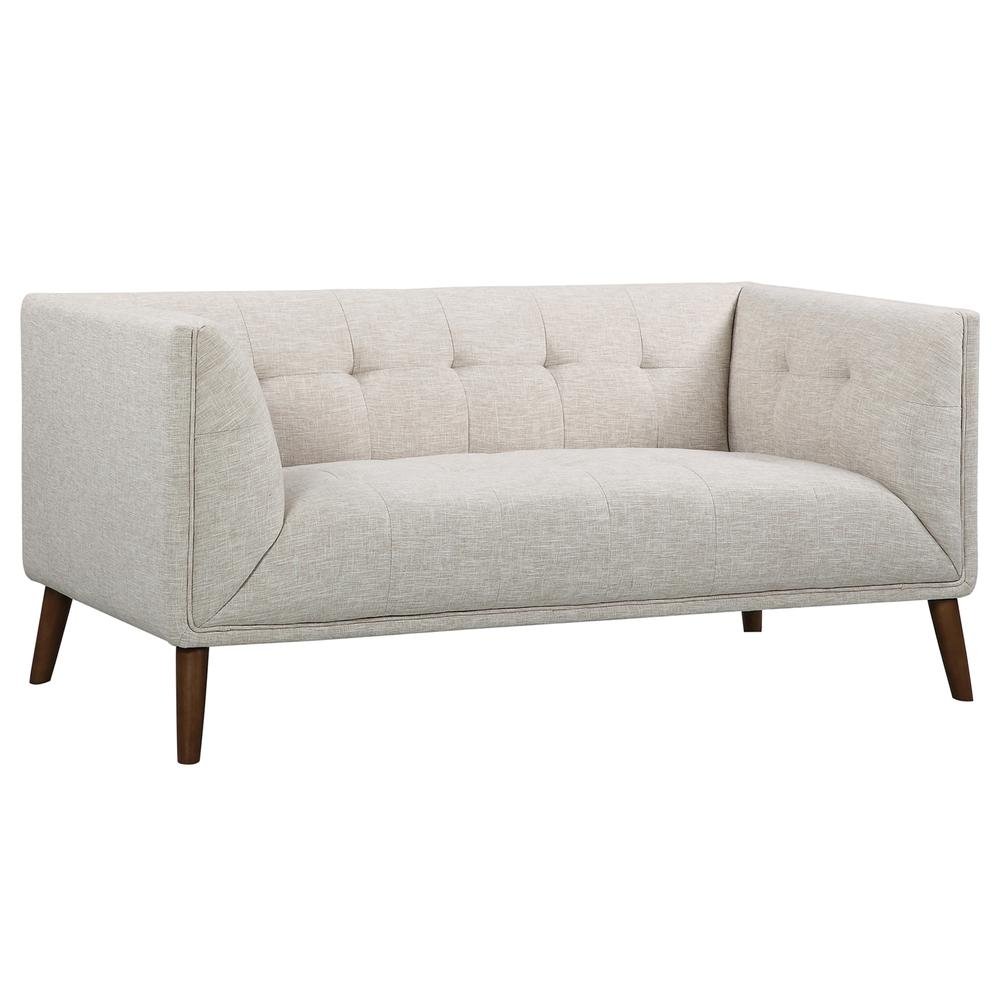 Armen Living Hudson Mid-Century Button-Tufted Loveseat in Beige Linen and Walnut Legs - The Room Store