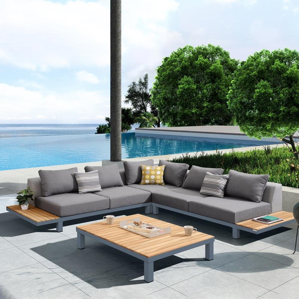 Armen Living Polo 4 piece Outdoor Sectional Set with Dark Gray Cushions and Modern Accent Pillows - The Room Store