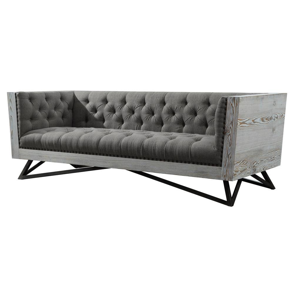 Armen Living Regis Contemporary Sofa in Grey Fabric with Black Metal Finish Legs and Antique Brown Nailhead Accents - The Room Store