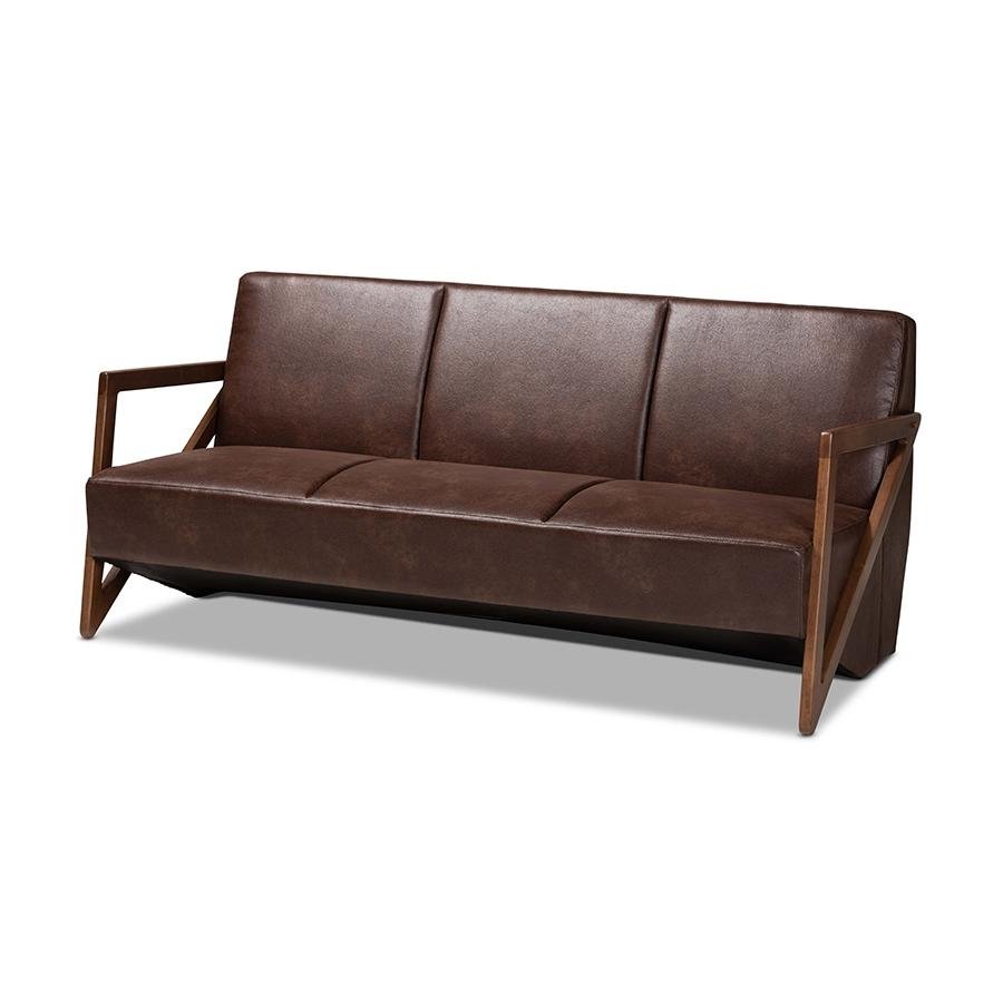 Baxton Studio Christa Mid-Century Modern Transitional Dark Brown Faux Leather Effect Fabric Upholstered and Walnut Brown Finished Wood Sofa - The Room Store