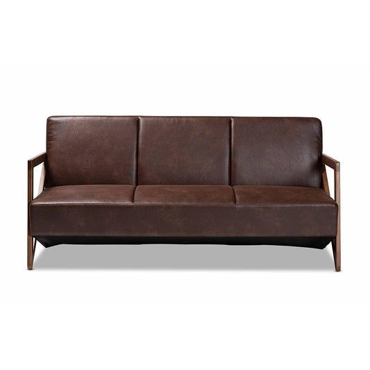 Baxton Studio Christa Mid-Century Modern Transitional Dark Brown Faux Leather Effect Fabric Upholstered and Walnut Brown Finished Wood Sofa - The Room Store