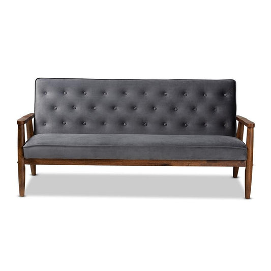 Baxton Studio Sorrento Mid-century Modern Grey Velvet Fabric Upholstered Walnut Finished Wooden 3-seater Sofa - The Room Store