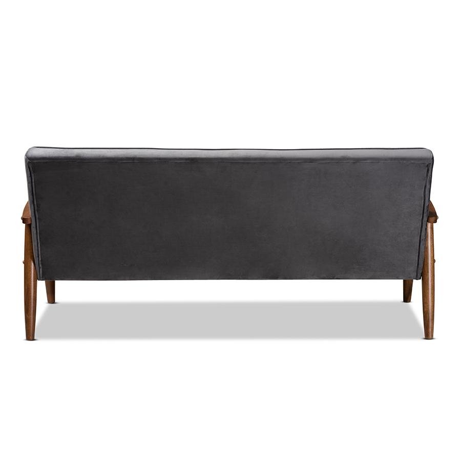 Baxton Studio Sorrento Mid-century Modern Grey Velvet Fabric Upholstered Walnut Finished Wooden 3-seater Sofa - The Room Store