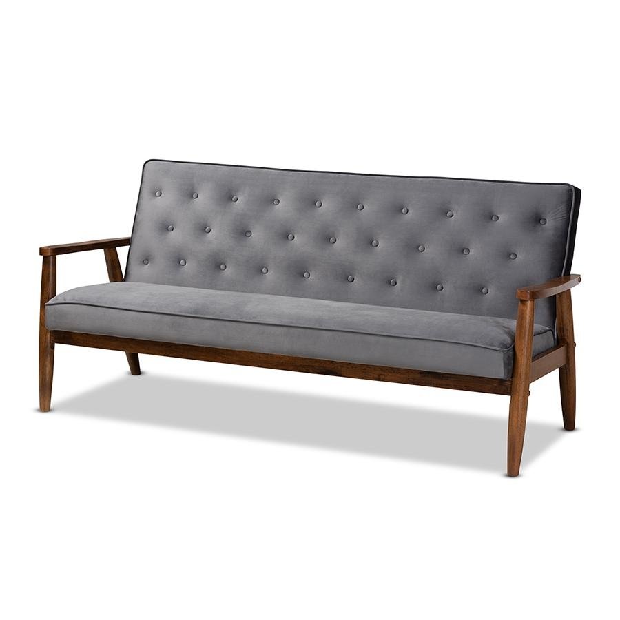 Baxton Studio Sorrento Mid-century Modern Grey Velvet Fabric Upholstered Walnut Finished Wooden 3-seater Sofa - The Room Store