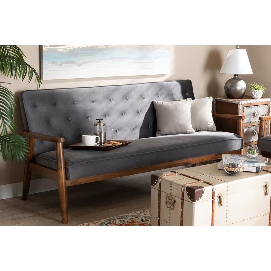 Baxton Studio Sorrento Mid-century Modern Grey Velvet Fabric Upholstered Walnut Finished Wooden 3-seater Sofa - The Room Store