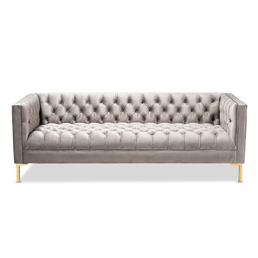 Baxton Studio Zanetta Glam and Luxe Gray Velvet Upholstered Gold Finished Sofa - The Room Store