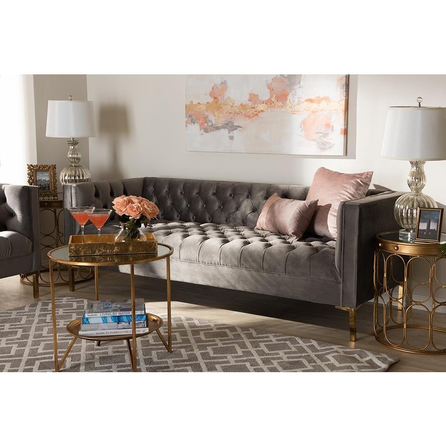 Baxton Studio Zanetta Glam and Luxe Gray Velvet Upholstered Gold Finished Sofa - The Room Store