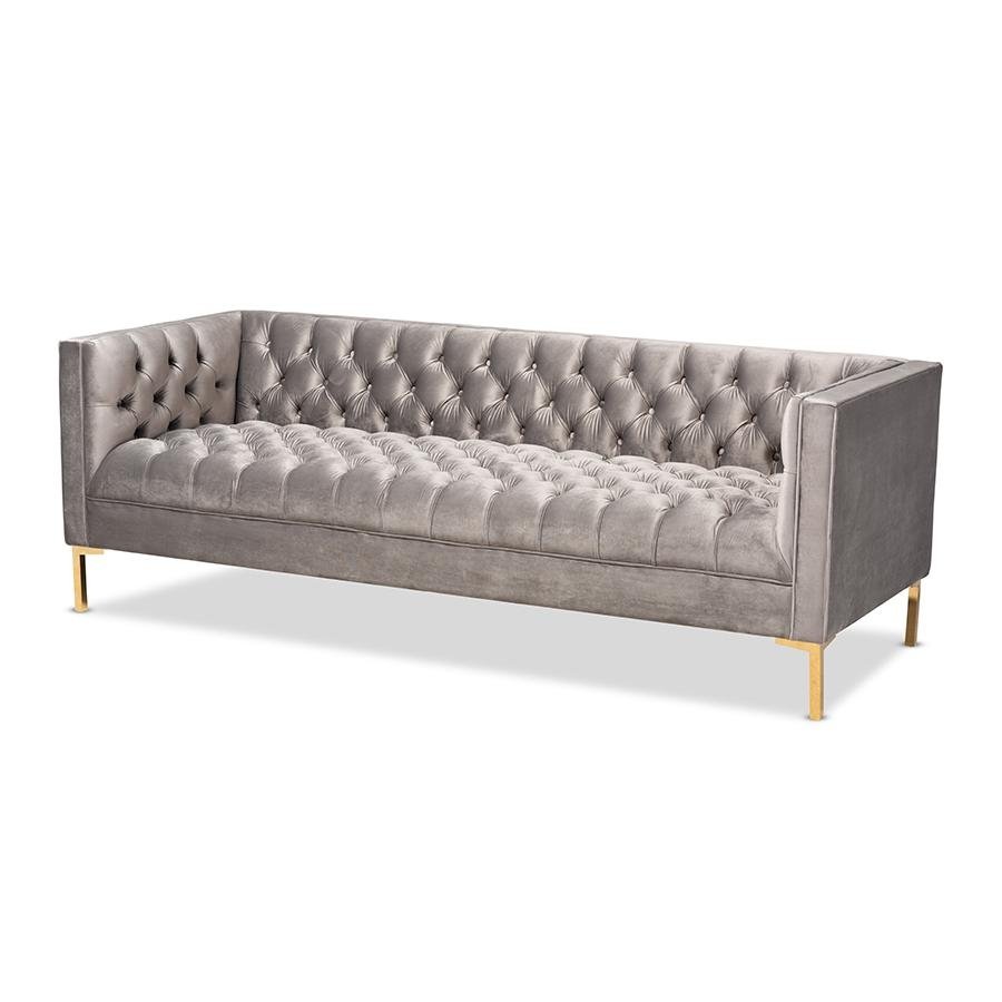 Baxton Studio Zanetta Glam and Luxe Gray Velvet Upholstered Gold Finished Sofa - The Room Store