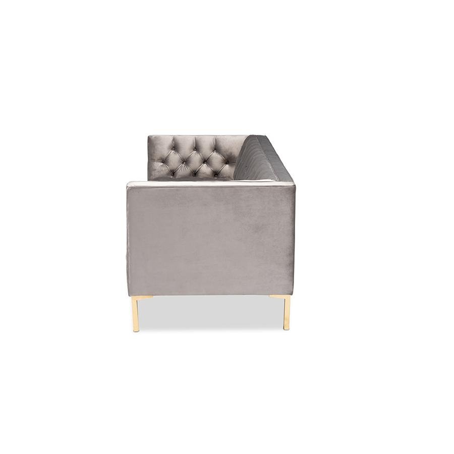 Baxton Studio Zanetta Glam and Luxe Gray Velvet Upholstered Gold Finished Sofa - The Room Store