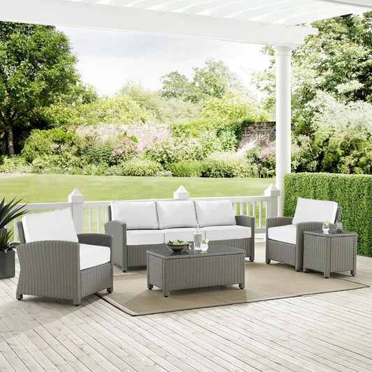 Bradenton 5Pc Outdoor Wicker Sofa Set - Sunbrella White/Gray - Sofa, Coffee Table, Side Table & 2 Arm Chairs - The Room Store