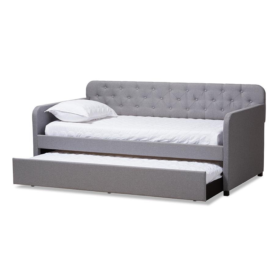 Camelia Modern and Contemporary Grey Fabric Upholstered Button-Tufted Twin Size Sofa Daybed with Roll-Out Trundle Guest Bed - The Room Store