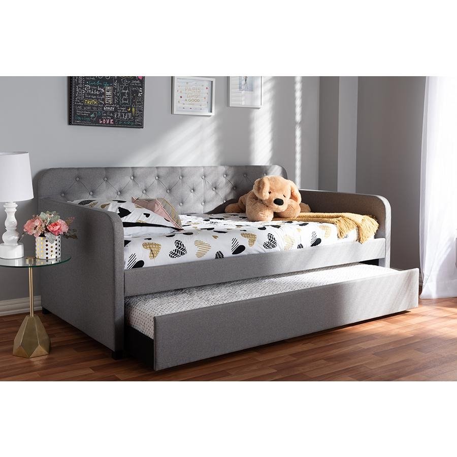 Camelia Modern and Contemporary Grey Fabric Upholstered Button-Tufted Twin Size Sofa Daybed with Roll-Out Trundle Guest Bed - The Room Store