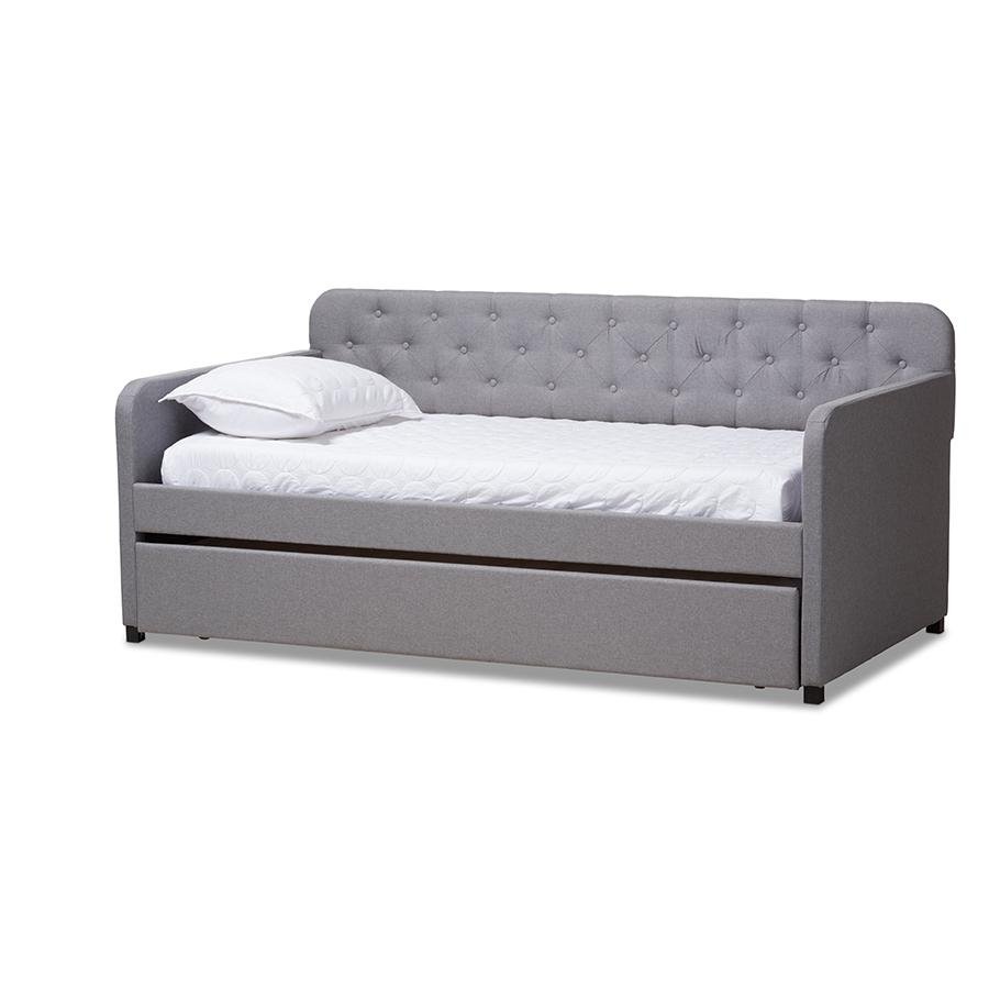 Camelia Modern and Contemporary Grey Fabric Upholstered Button-Tufted Twin Size Sofa Daybed with Roll-Out Trundle Guest Bed - The Room Store