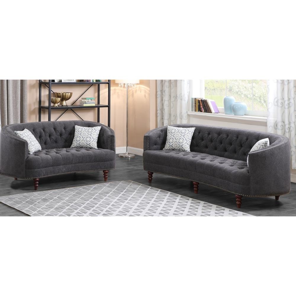 Carson Grey Linen w/ Nailheads Loveseat - The Room Store