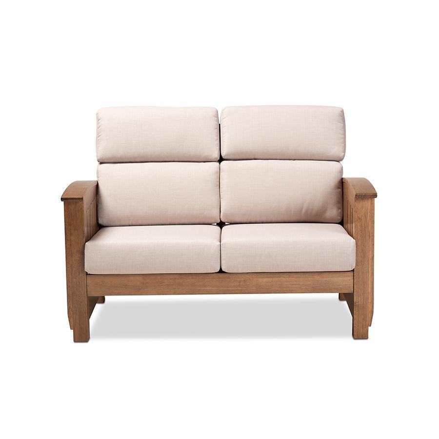 Charlotte Modern Classic Mission Style Taupe Fabric Upholstered Walnut Brown Finished Wood 2-Seater Loveseat - The Room Store