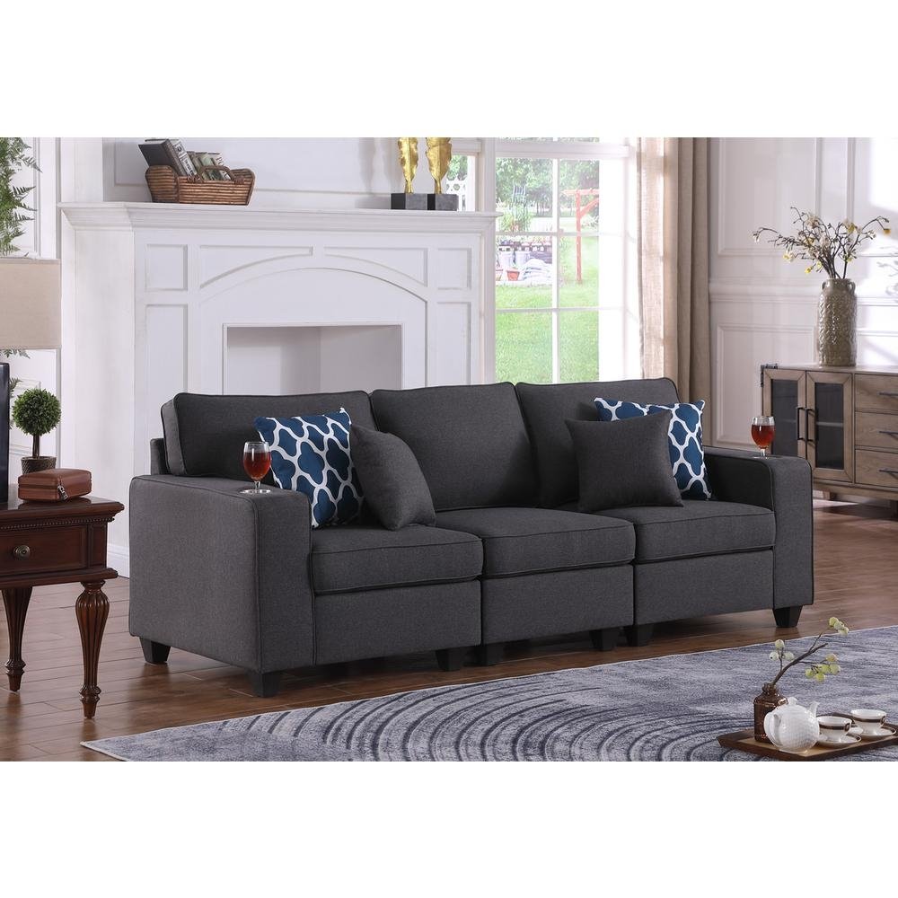 Cooper Dark Gray Linen Sofa with Cupholder - The Room Store