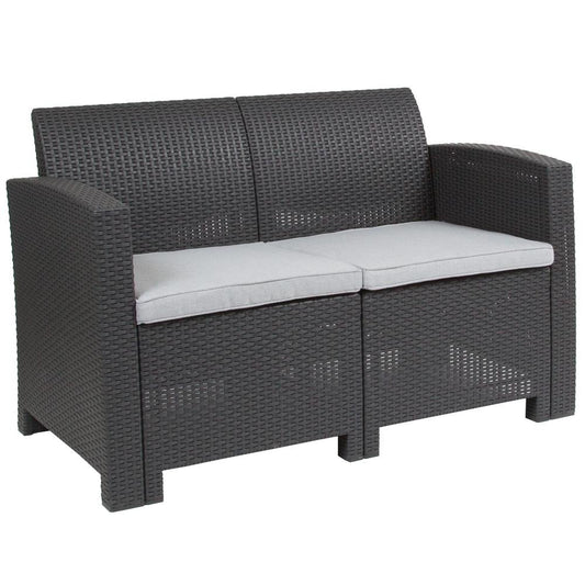 Dark Gray Faux Rattan Loveseat with All-Weather Light Gray Cushions - The Room Store