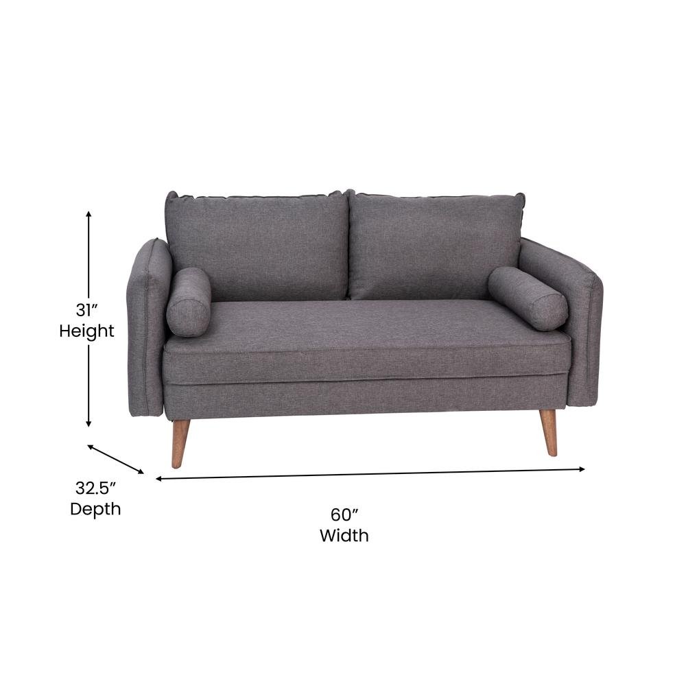 Evie Mid-Century Modern Loveseat Sofa with Faux Linen Fabric Upholstery & Solid Wood Legs in Stone Gray - The Room Store