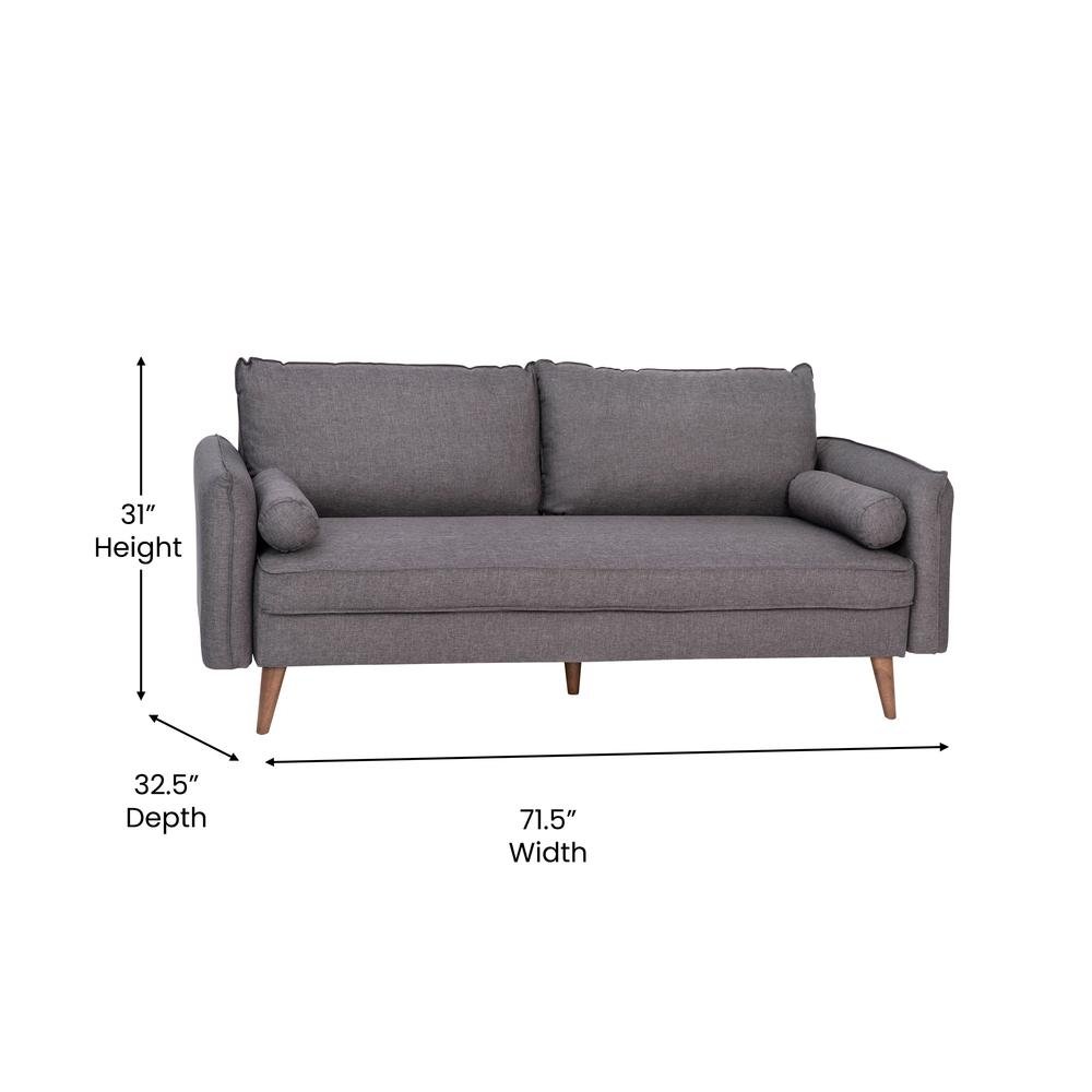 Evie Mid-Century Modern Sofa with Faux Linen Fabric Upholstery & Solid Wood Legs in Stone Gray - The Room Store