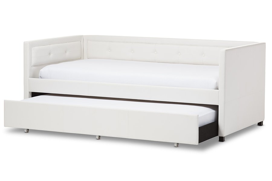 Frank White Button-Tufting Sofa Twin Daybed with Roll-Out Trundle Guest Bed - The Room Store