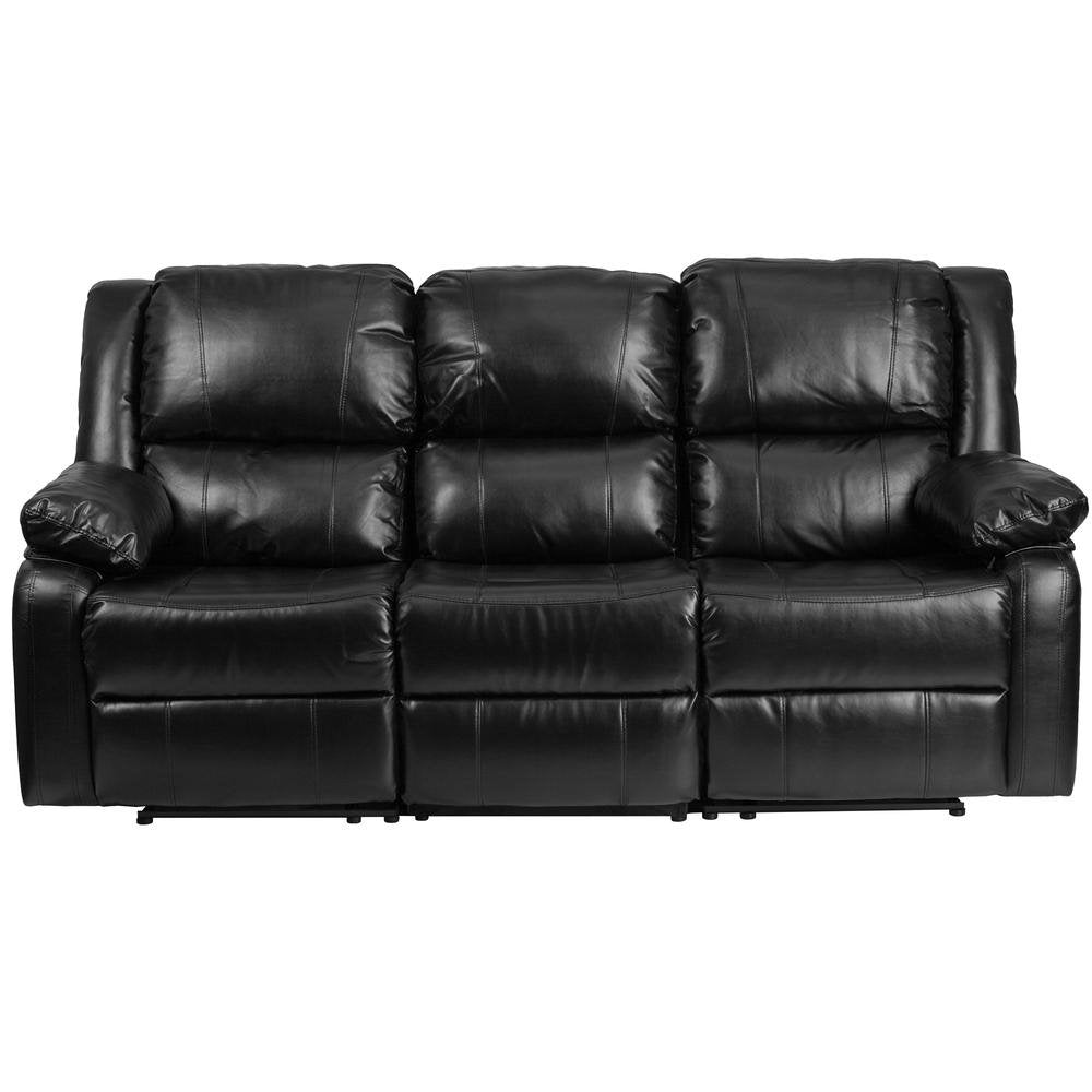 Harmony Series Black LeatherSoft Sofa with Two Built-In Recliners - The Room Store