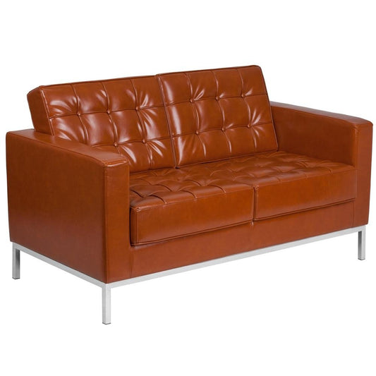 HERCULES Lacey Series Contemporary Cognac LeatherSoft Loveseat with Stainless Steel Frame - The Room Store