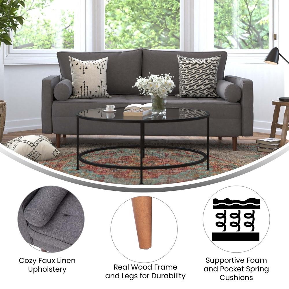 Hudson Mid-Century Modern Sofa with Tufted Faux Linen Upholstery & Solid Wood Legs in Dark Gray - The Room Store