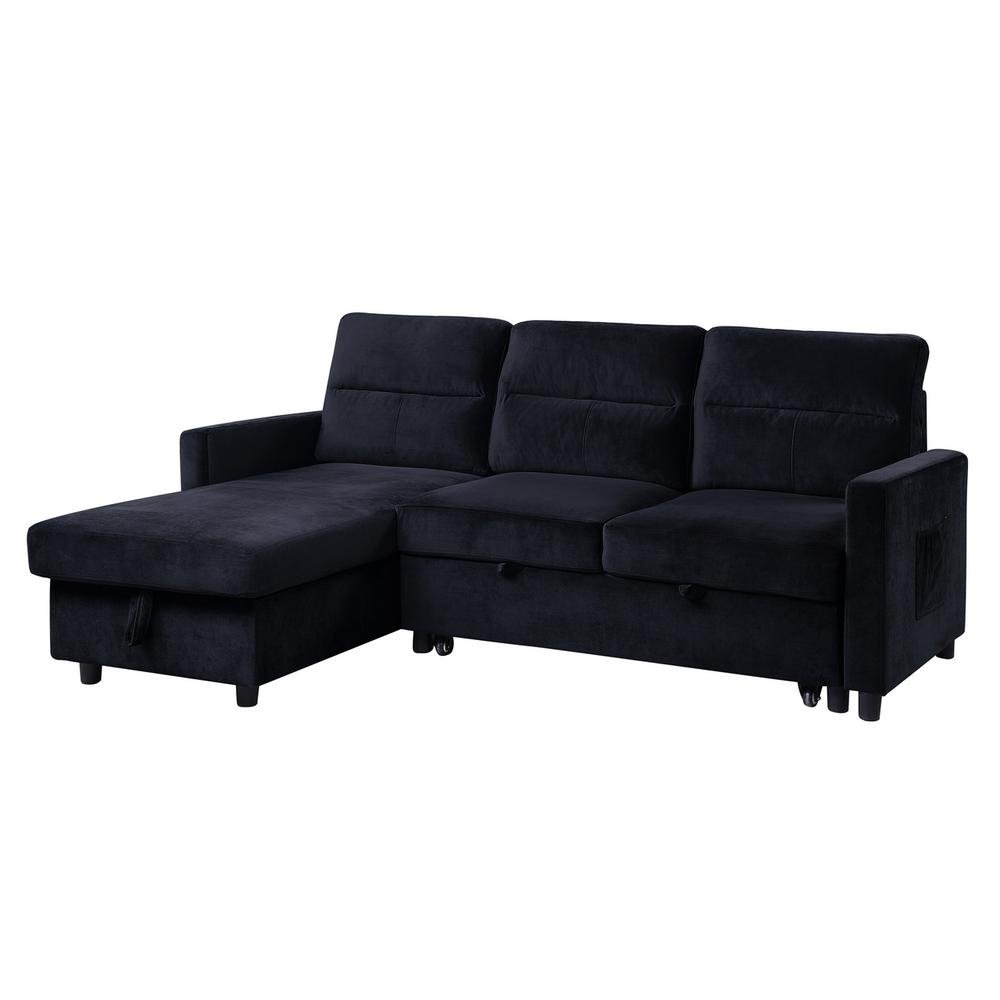 Ivy Black Velvet Reversible Sleeper Sectional Sofa with Storage Chaise and Side Pocket - The Room Store