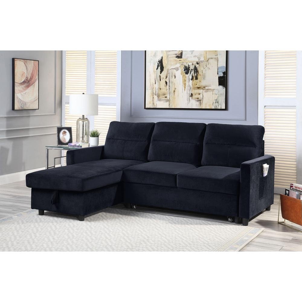 Ivy Black Velvet Reversible Sleeper Sectional Sofa with Storage Chaise and Side Pocket - The Room Store