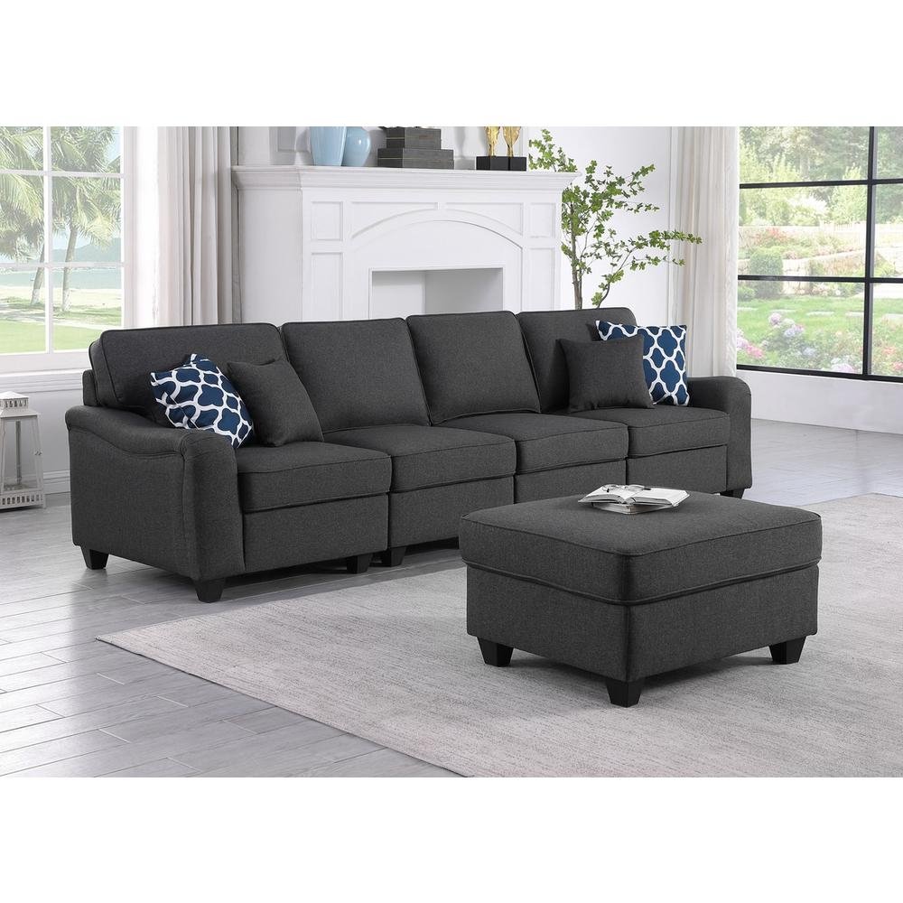 Leo Dark Gray Linen 5 Seater Sofa and Ottoman - The Room Store